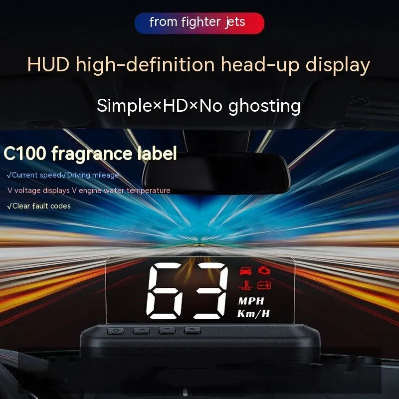 Black Head Up Display car projector with OBD cable and 2.0 inch screen.