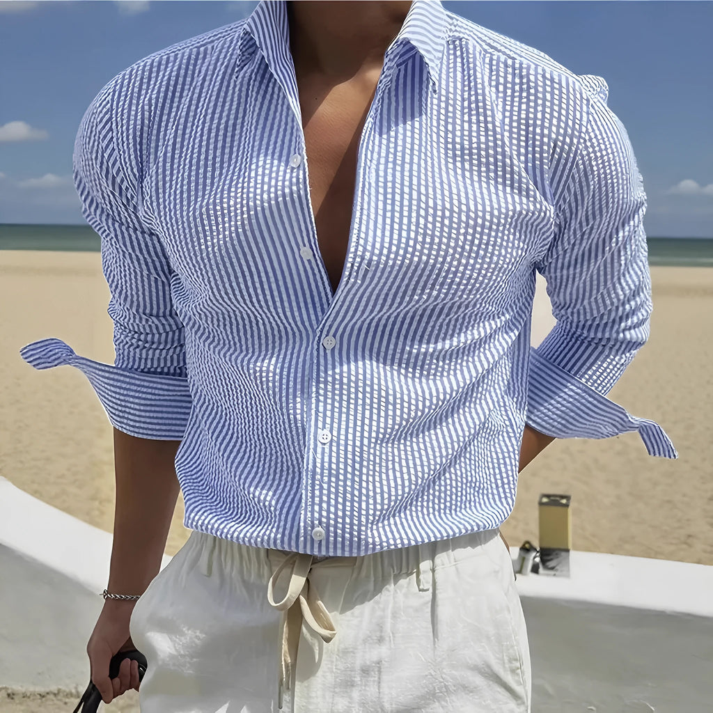 Blue striped long sleeve shirt with cardigan lapel collar on mannequin, showing front design
