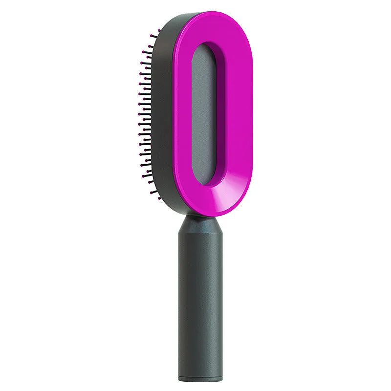 Self-cleaning air cushion hair brush in white, black gold, or black purple with ergonomic handle