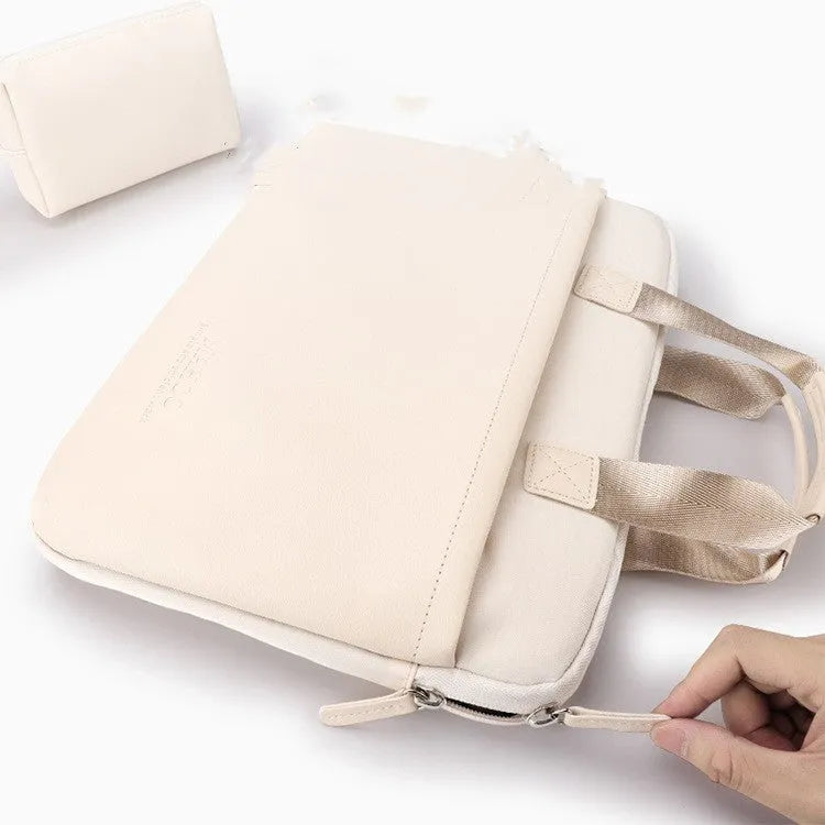 Beige PU leather laptop bag for MacBook Pro with zipper closure and soft handle