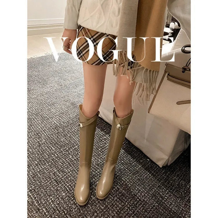 First layer cowhide lock knight boots for women, black, round toe, low heel, back zipper, genuine leather knee-high boots