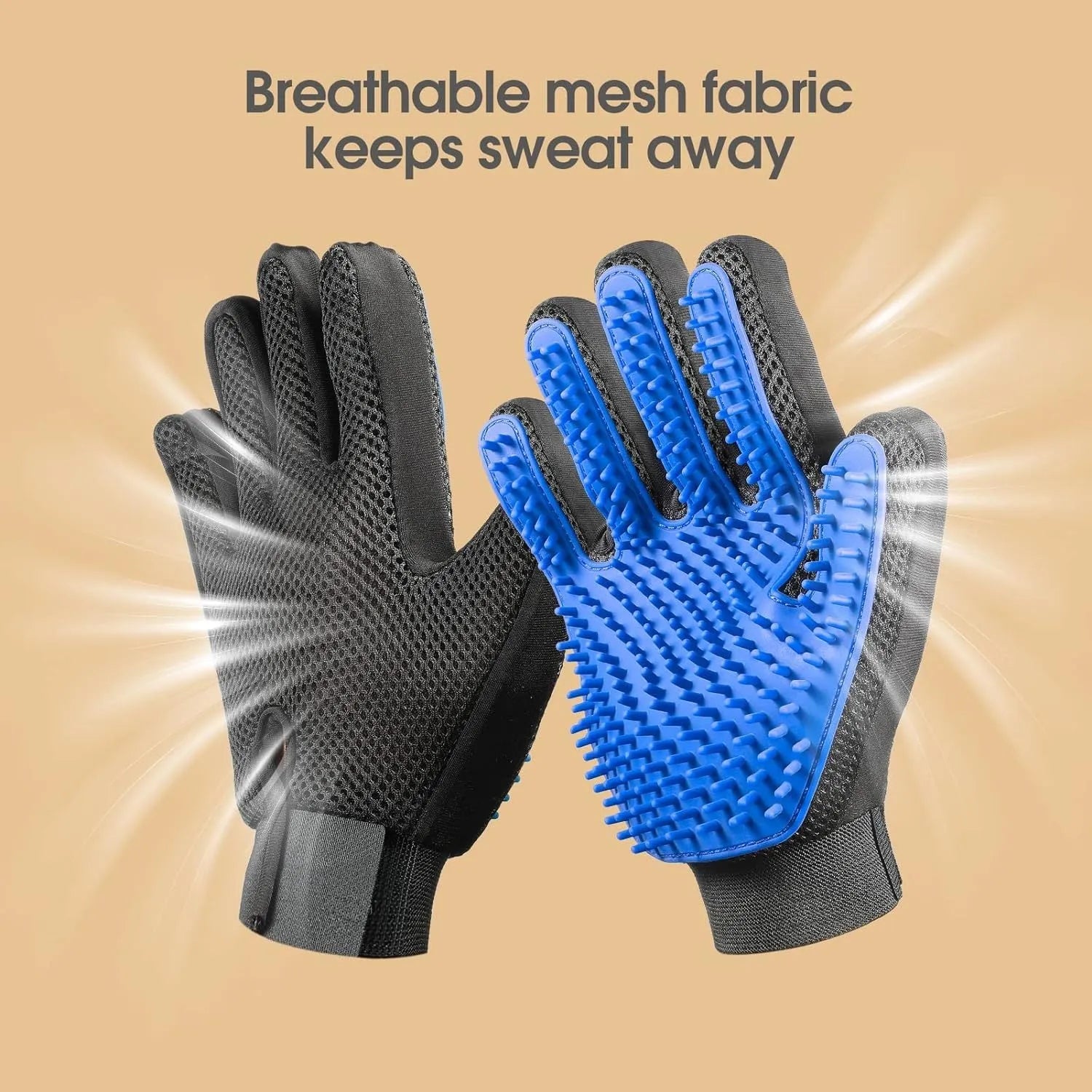 Blue pet grooming gloves with silicone tips for removing loose hair from dogs cats and horses