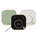 Three-in-one 15W wireless magnetic charging dock shown in black, with optional desk lamp style and USB cable.