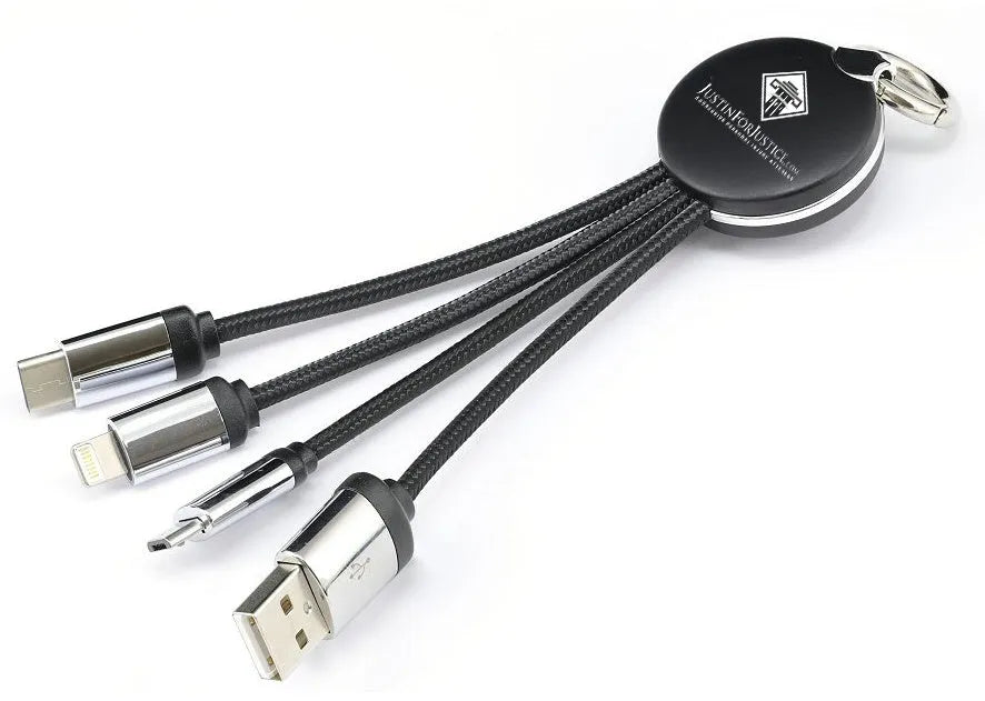 Black universal one-to-three keychain data cable with multiple connectors on a keyring