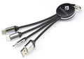 Black universal one-to-three keychain data cable with multiple connectors on a keyring