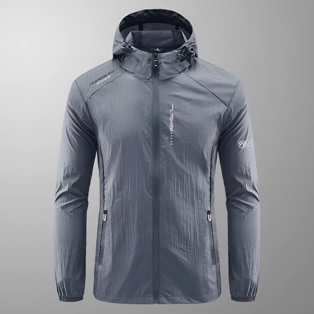 Men's thin nylon summer hooded jacket in loose fit showing light grey colour option