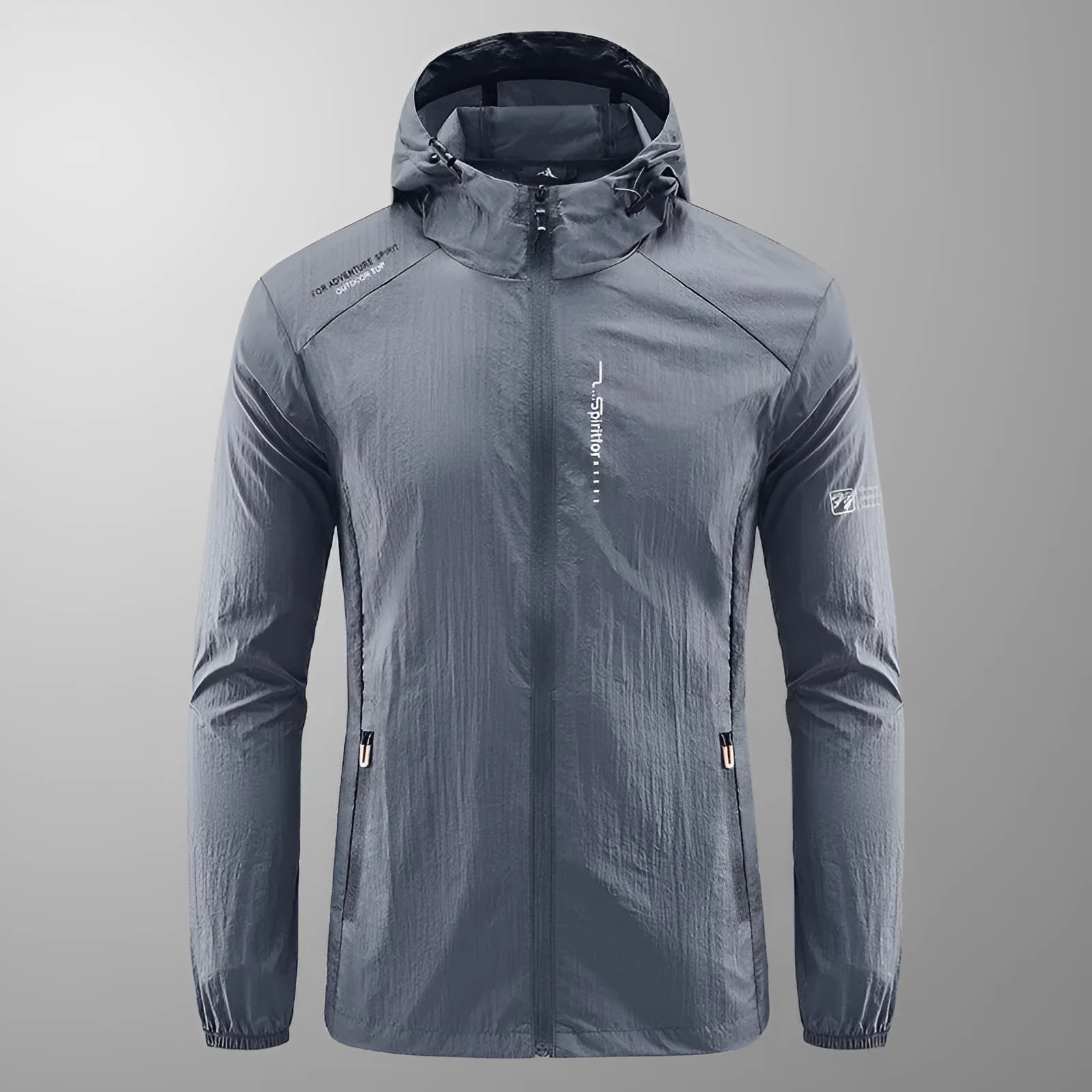 Men's thin nylon summer hooded jacket in loose fit showing light grey colour option