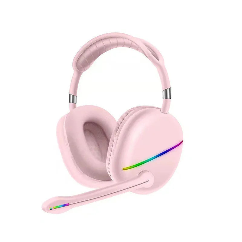 Headworn Bluetooth earphones with RGB colour lights in blue, pink, or red