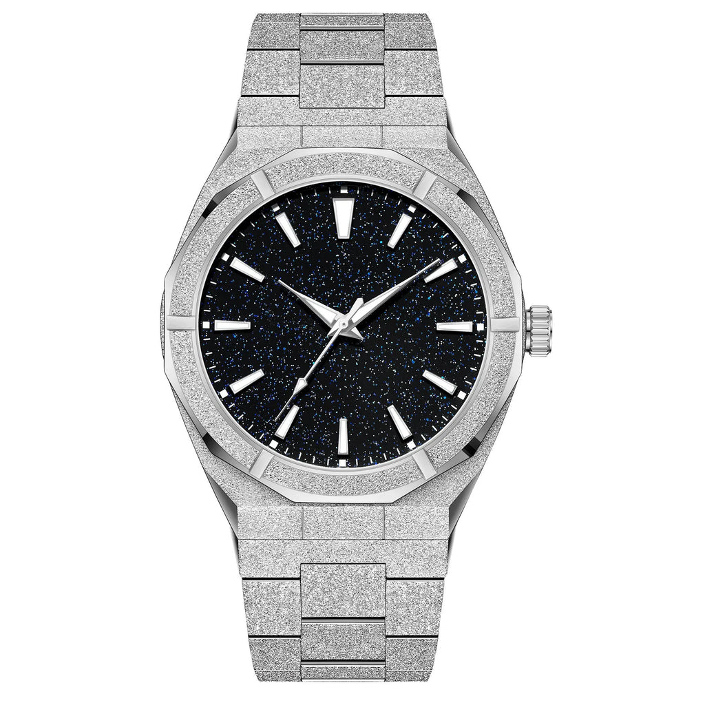 Men's frosted stainless steel business watch with luminous markers on dial in black, gold, or silver.