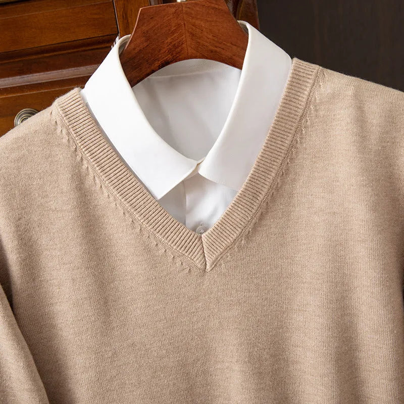 Men's knitted viscose-blend V-neck pullover sweater in light grey with ribbed hem