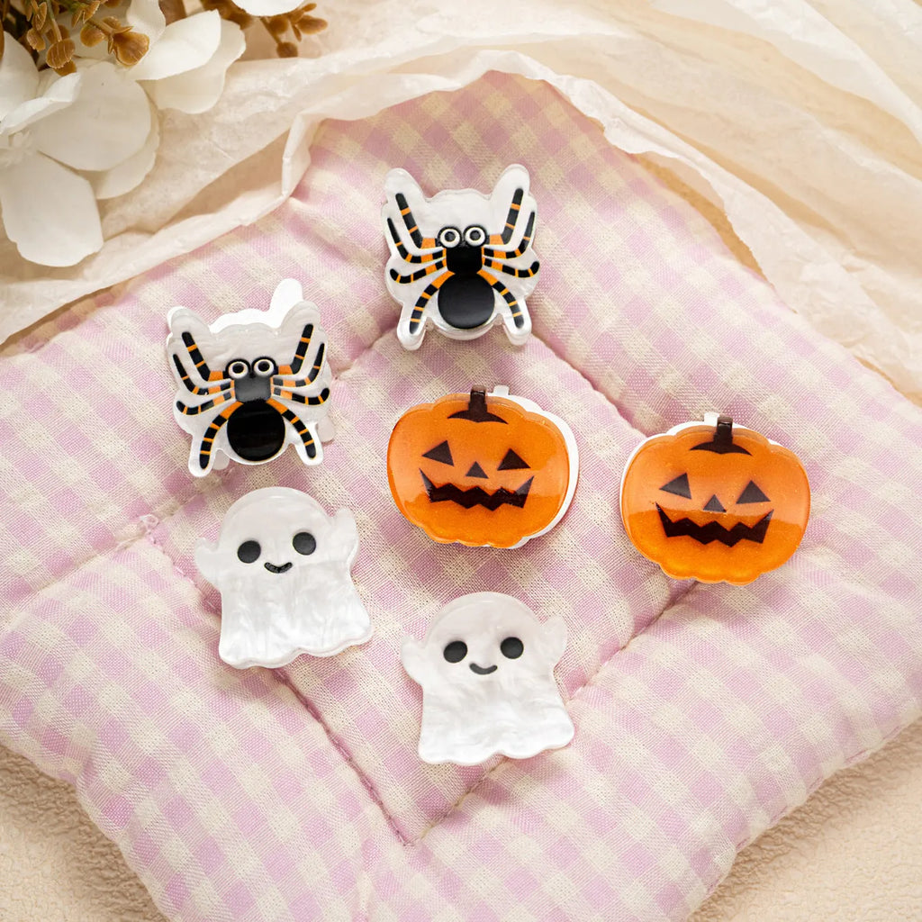 Halloween hair clip in acrylic with Ghost, Pumpkin, and Spider options, small hair grabbing clip for women