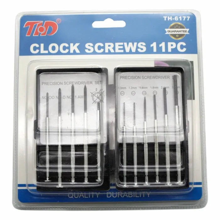 TH-6177 11-piece clock repair screwdriver set with cross and flat head bits on a white background.
