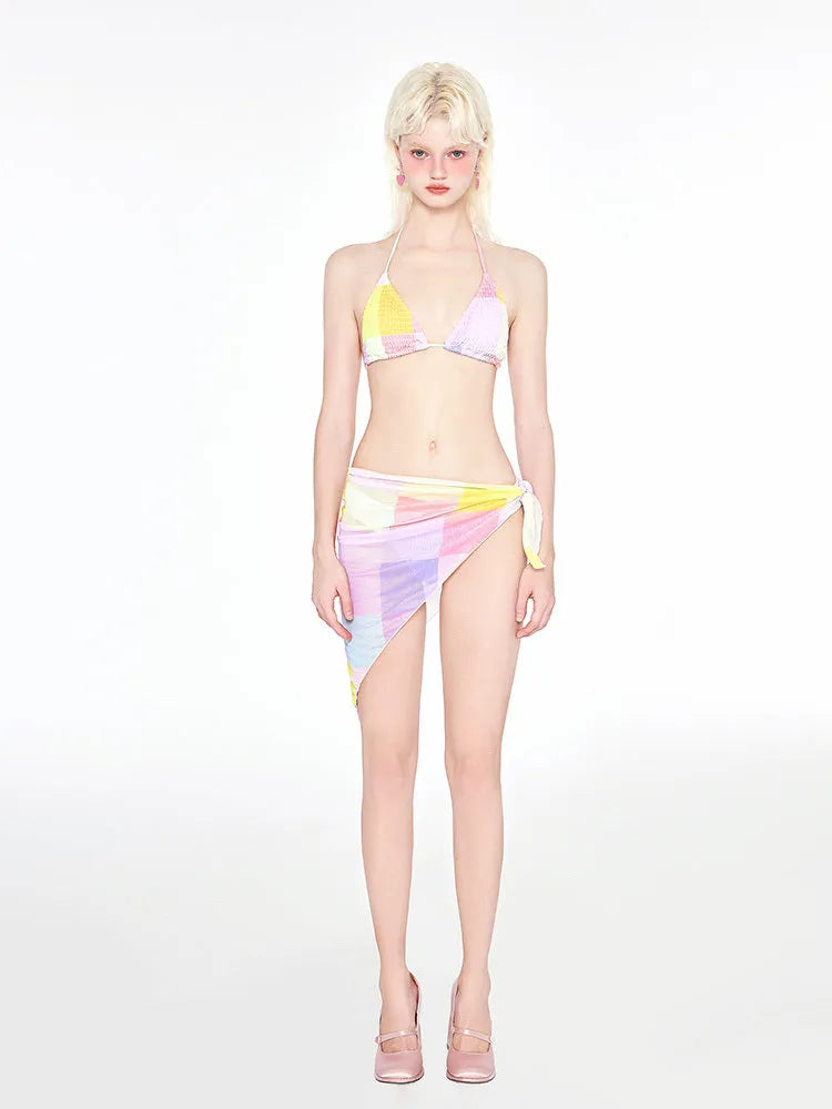 Rainbow Pink triangle style three-piece bikini swimsuit with wireless cups