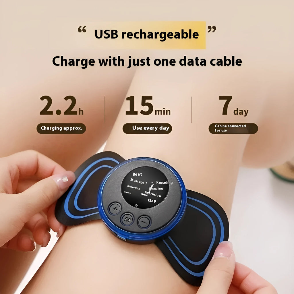 Portable EMS shoulder and neck massage instrument with USB power and ABS shell, shown with remote control and patch options.