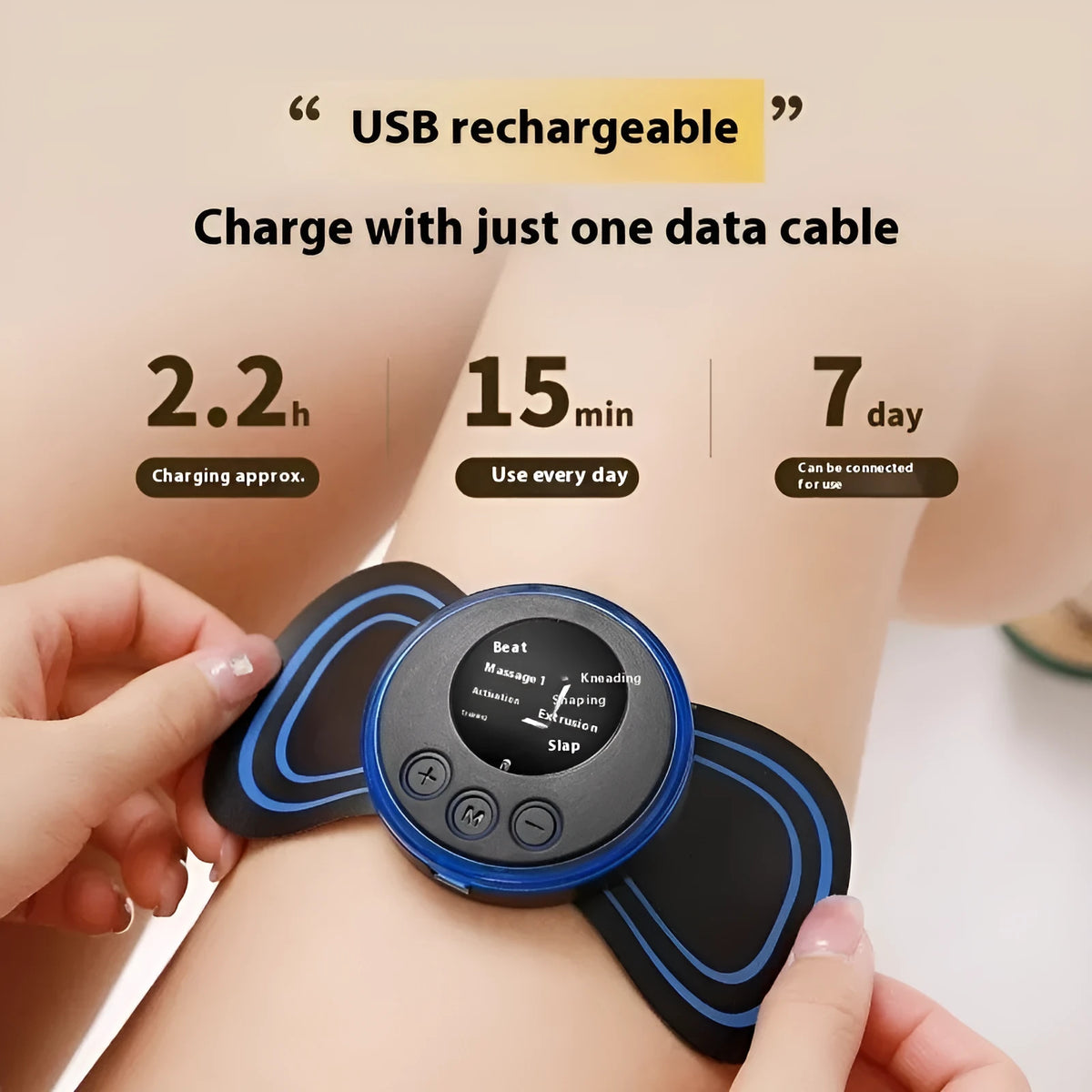 Portable EMS shoulder and neck massage instrument with USB power and ABS shell, shown with remote control and patch options.