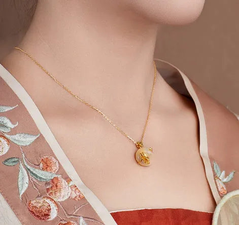 925 silver peach blossom pendant necklace with white chalcedony peace buckle and electroplated finish on regular chain