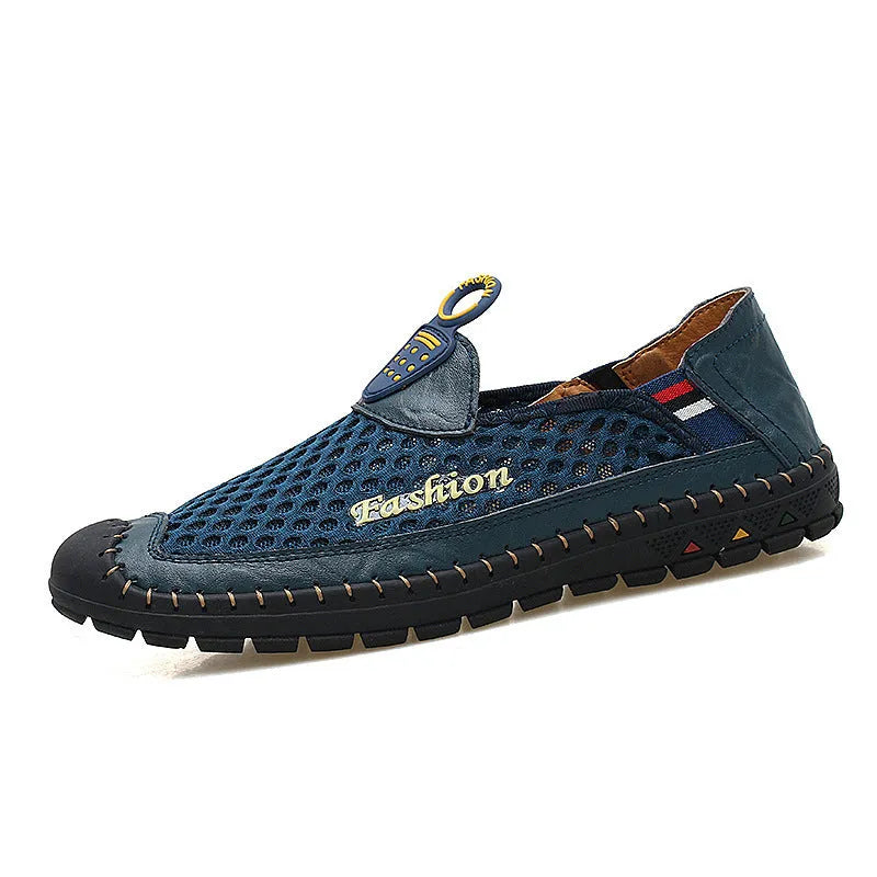 Men's brown casual mesh shoes with round toe and rubber sole on a white background.