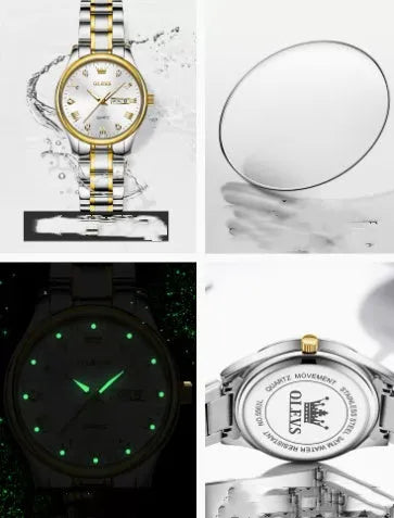 Women's quartz watch with round 29mm dial, fine steel case and band, calendar week display, gold and black colour