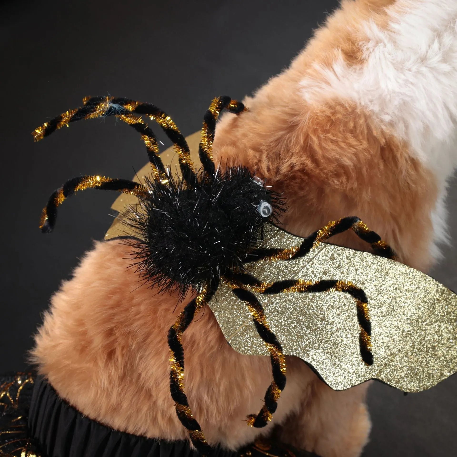 A dog wearing a polyester suit costume for Halloween, shown in sizes S, M, L, and XL.