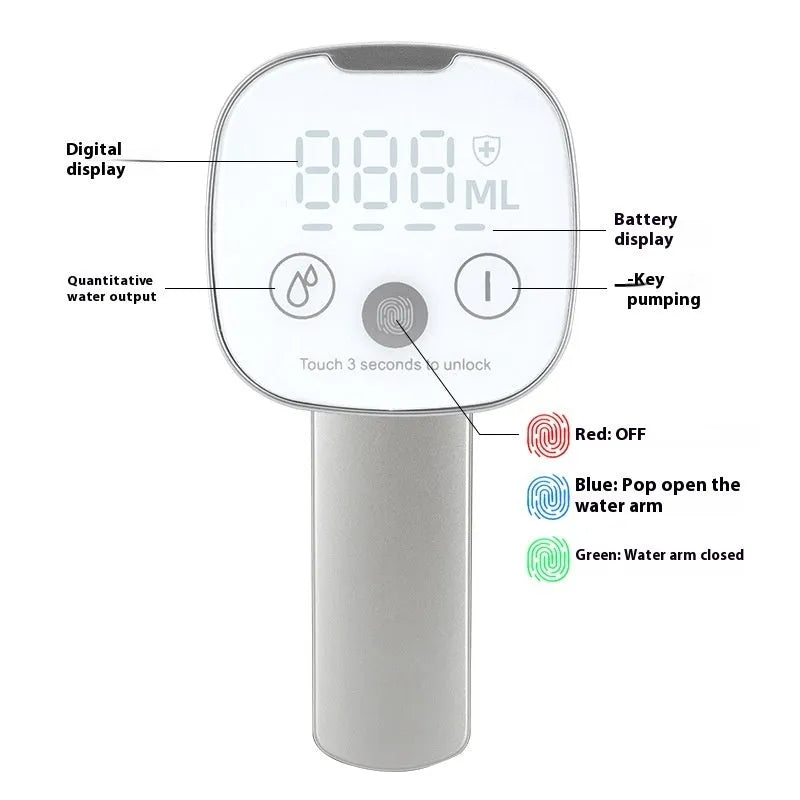 Black and white portable bucket table water pump with LCD touch screen in folded position.