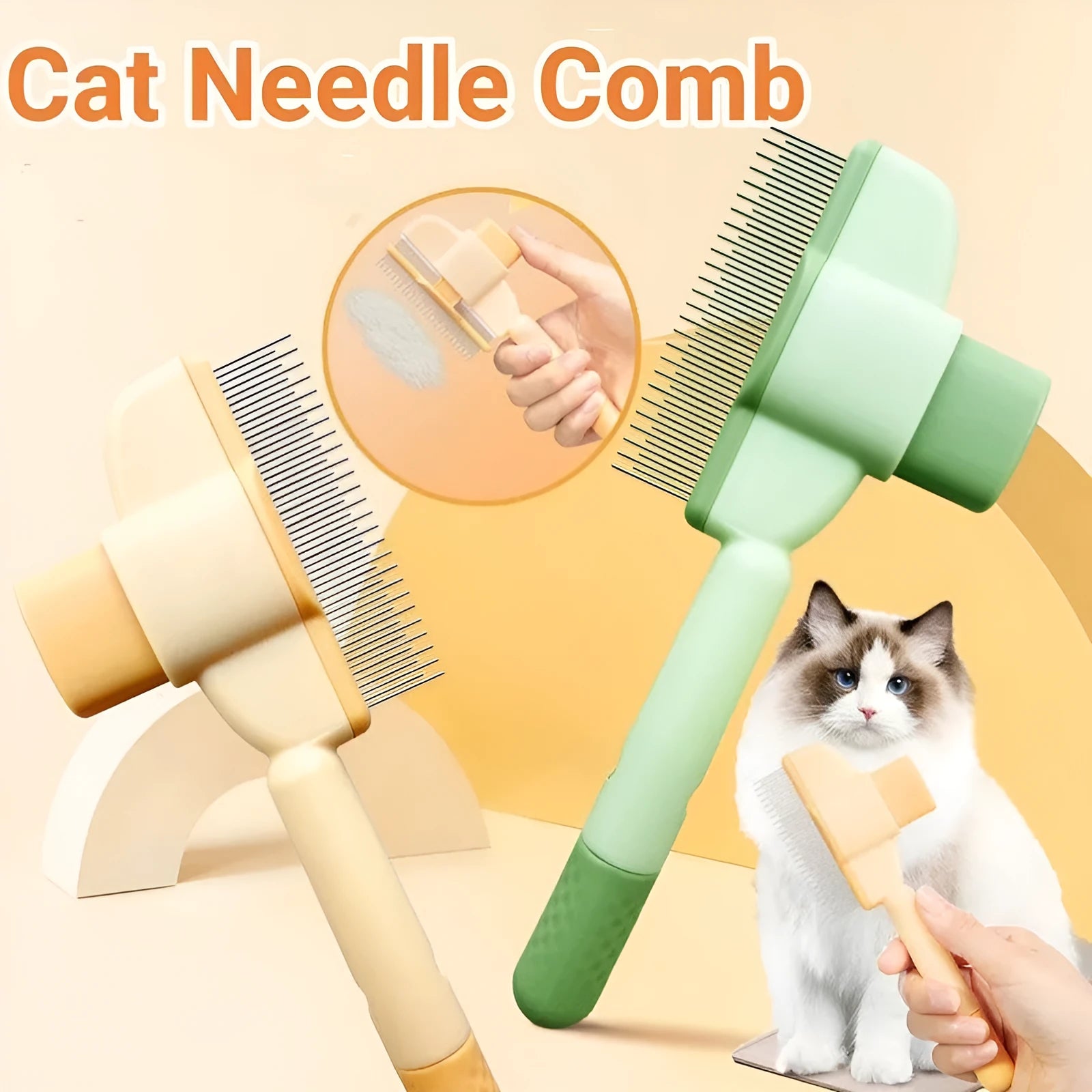 Yellow and green self-cleaning pet grooming comb with stainless steel teeth and release button