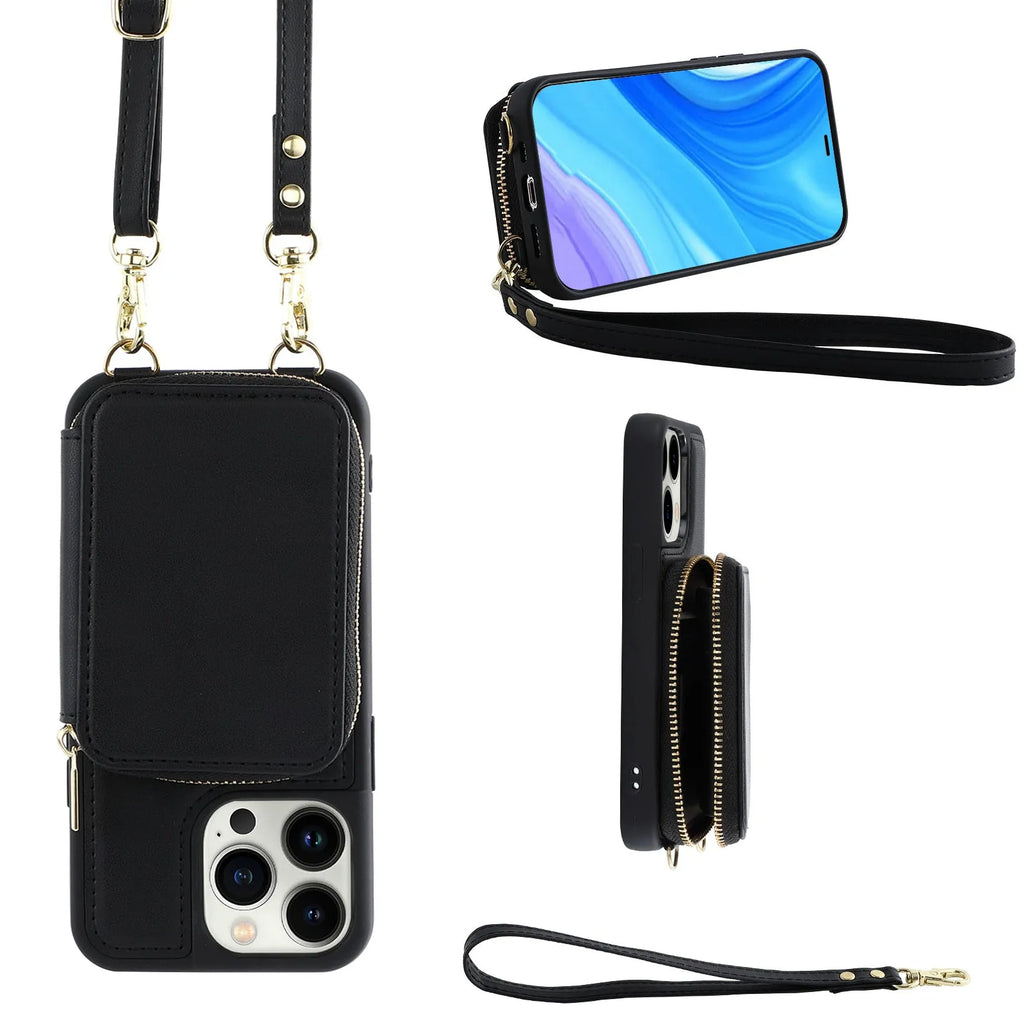 Black iPhone 14 Pro crossbody wallet phone case with zippered card holder and imitation leather finish
