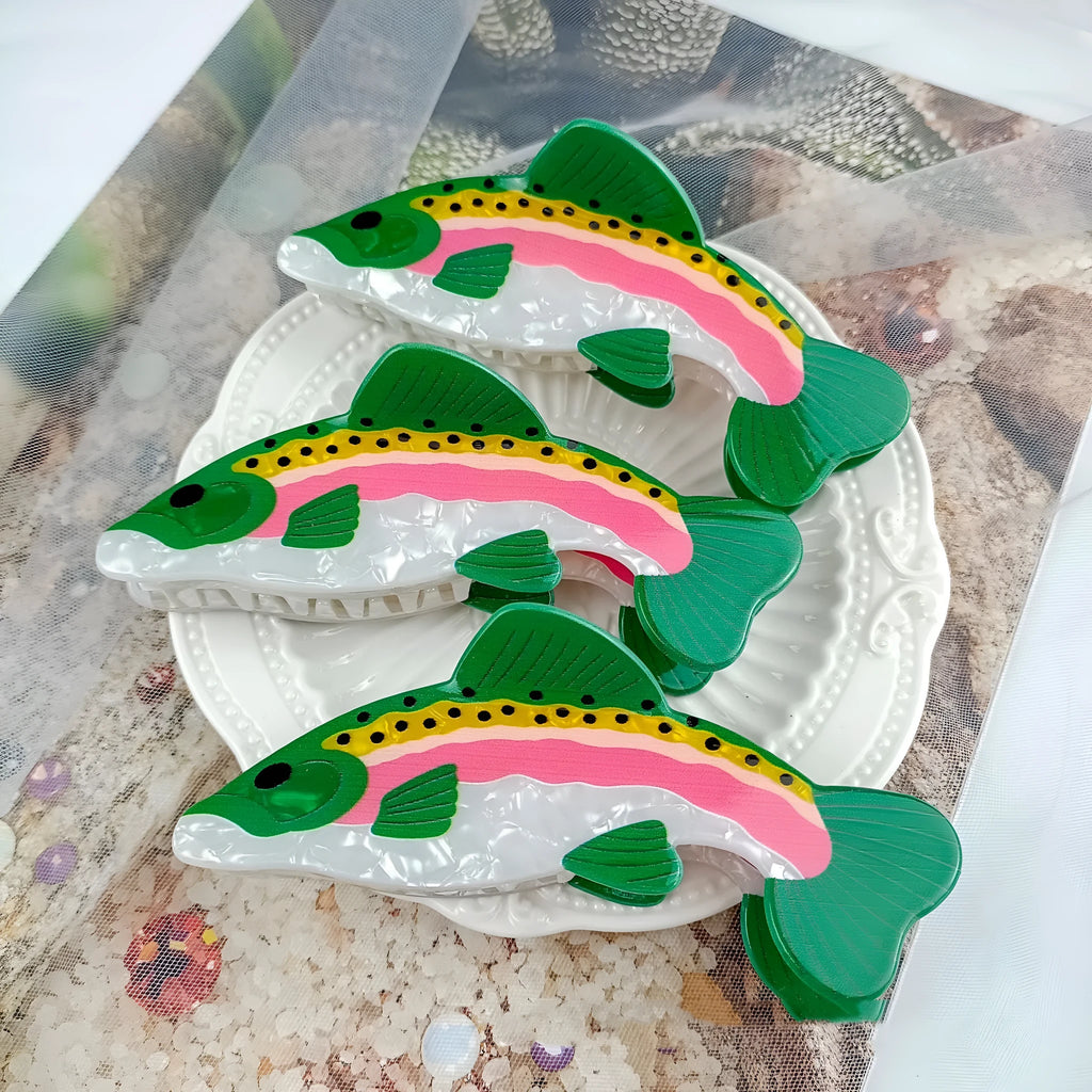 Dark green PVC hair clip with printed rainbow trout marine design