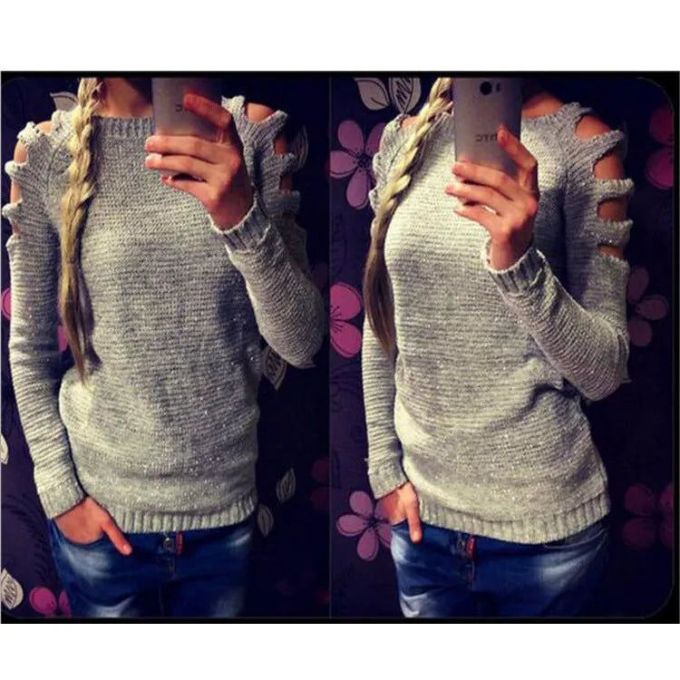 Women's grey knitted shirt with hollow-out crochet pattern, round neck and long sleeves