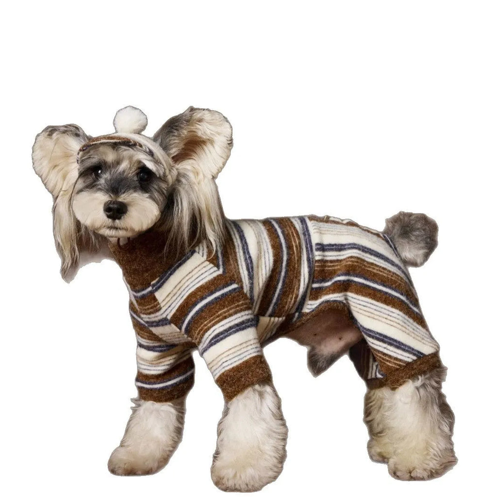 Four-leg striped dog sweater for small breeds in brown or pink, sizes XS to XXL