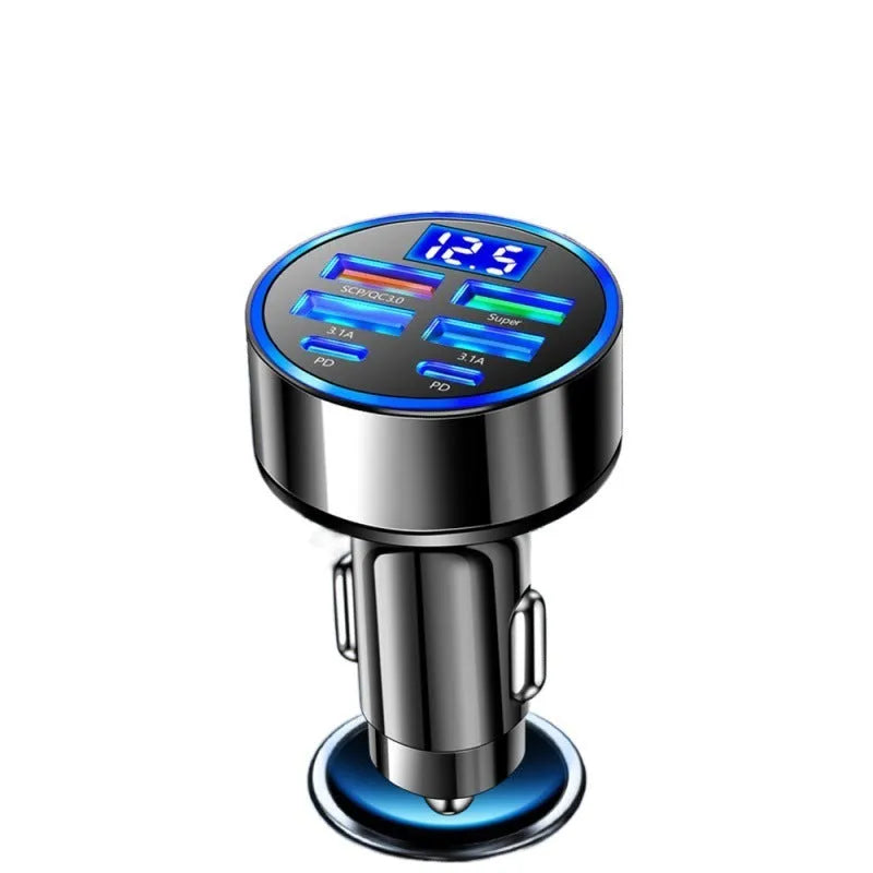 Black six-port 27W car charger with digital display and PD ports for vehicle cigarette lighter