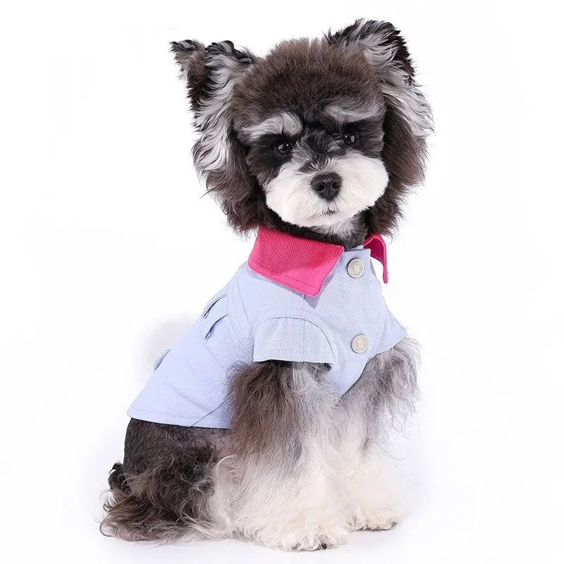 Blue and purple polyester dog vest with traction rope ring showing size options from XXS to XXL
