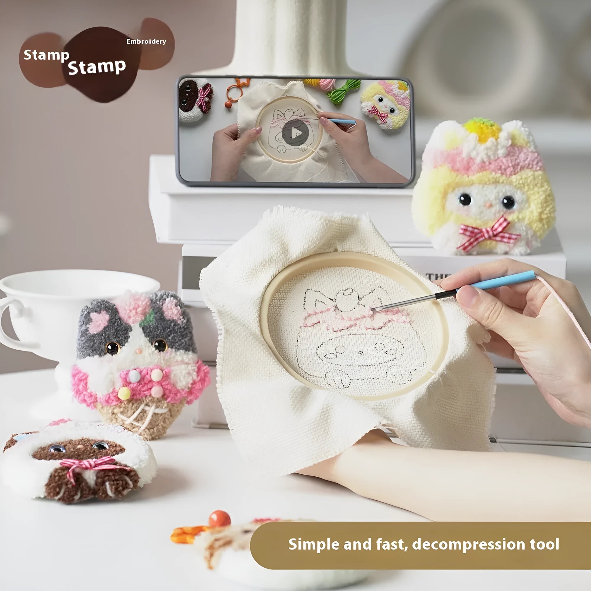 Handmade DIY poke embroidery kit with cute cat wool felt ornament for desk surface panel, cartoon anime style