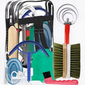 Complete 10-piece horse grooming kit showing brushes, combs, water scraper and storage bag