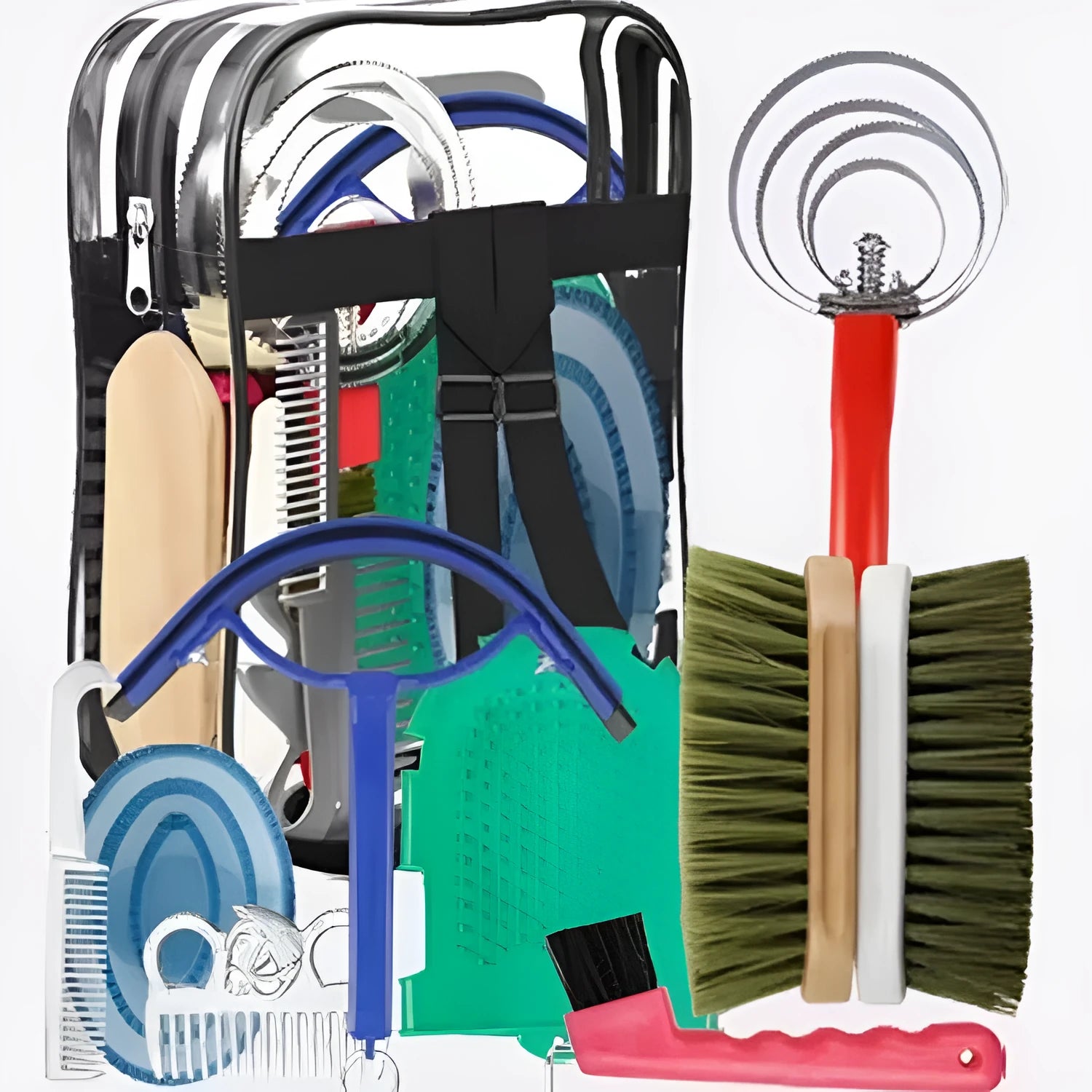 Complete 10-piece horse grooming kit showing brushes, combs, water scraper and storage bag