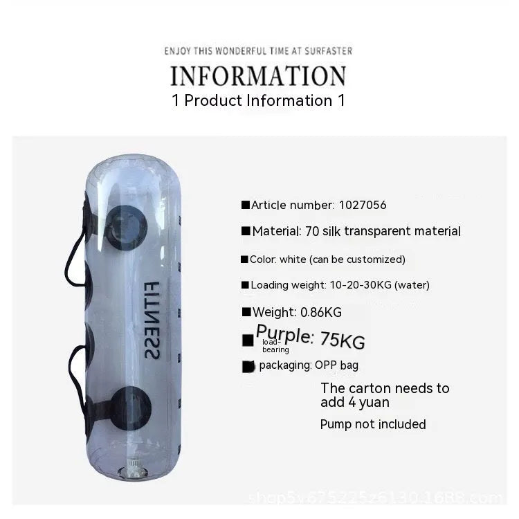 Transparent PVC inflatable dumbbell bag filled with water for adjustable weight strength training.