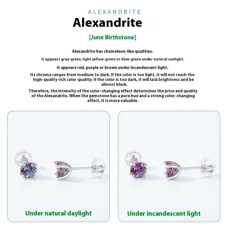 A pair of women's geometric ear studs in 925 silver with a cultivate Alexandrite colour.