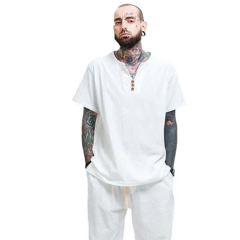 Men's loose cotton linen blend T-shirt in grey shown on model