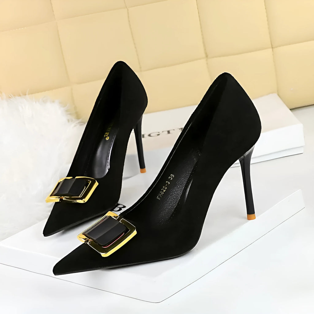 Black suede women's stiletto high heel shoes with a 9cm heel and pointed toe