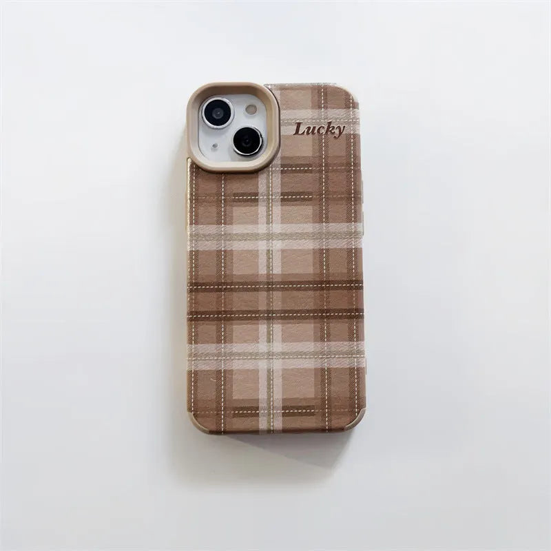 Silicone anti-fall phone case with embossed light coffee plaid lucky letter design for iPhone 13 Pro