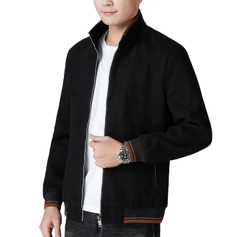 Men's grey sport fleece jacket with long sleeves and a stick pocket, shown on a hanger.