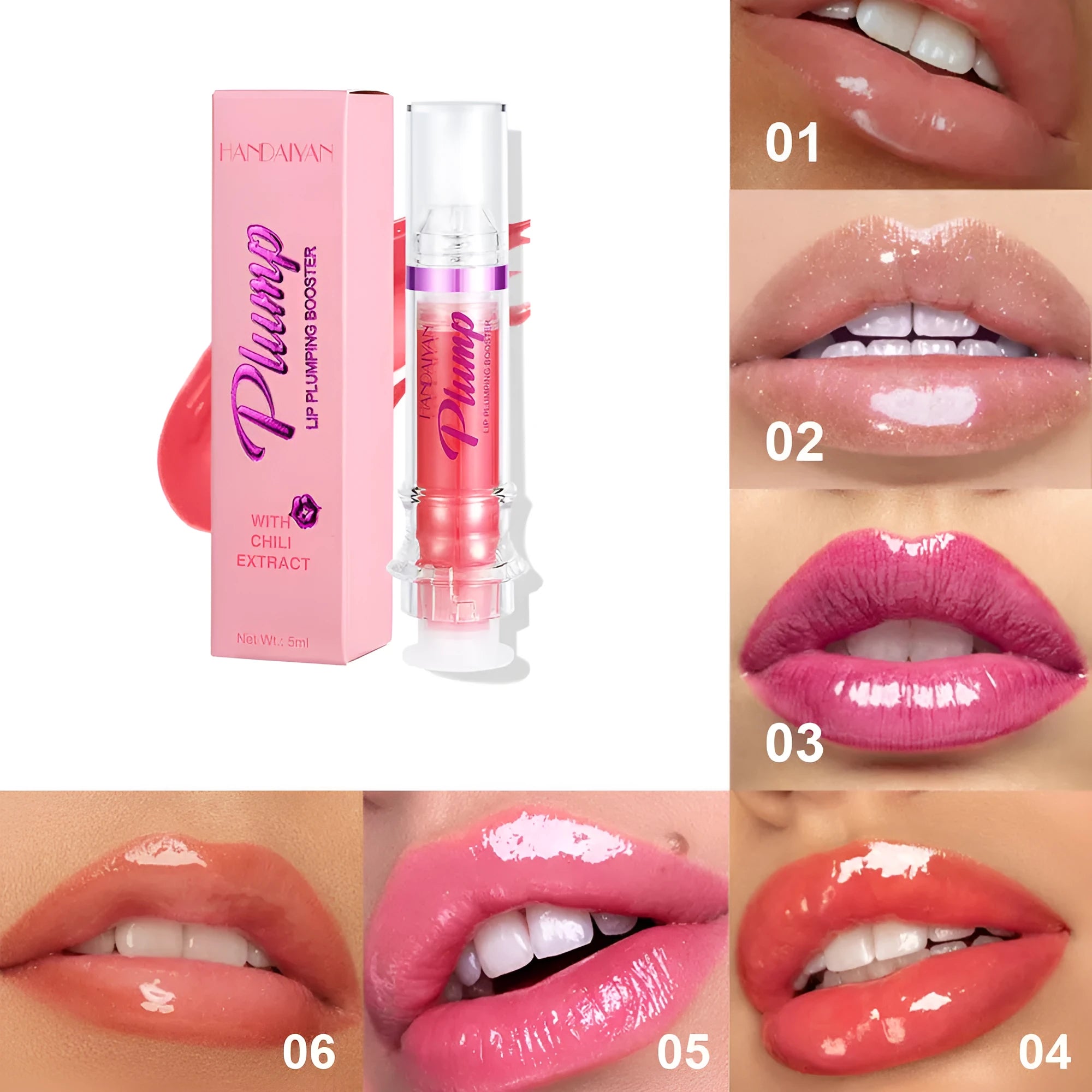 Liquid lip gloss tube with mirror shine finish showing rich colour on lips