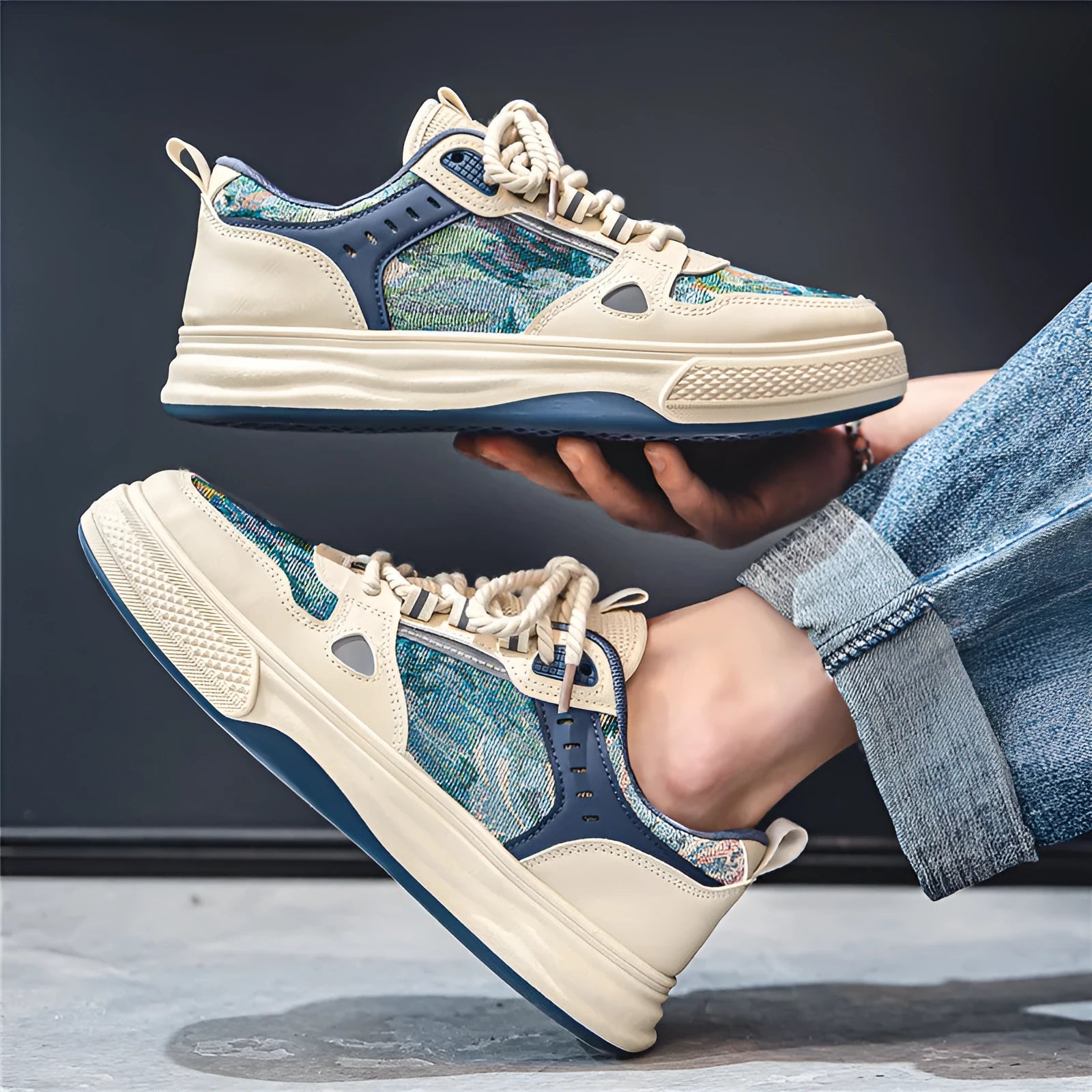 Men's canvas casual shoes in beige colour with flat heel and round toe design