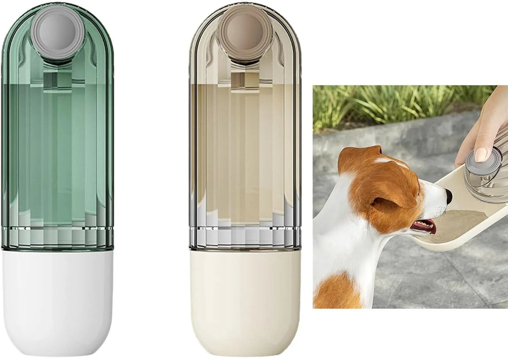 Beige foldable dog water bottle with food dispenser base for outdoor walking and travel
