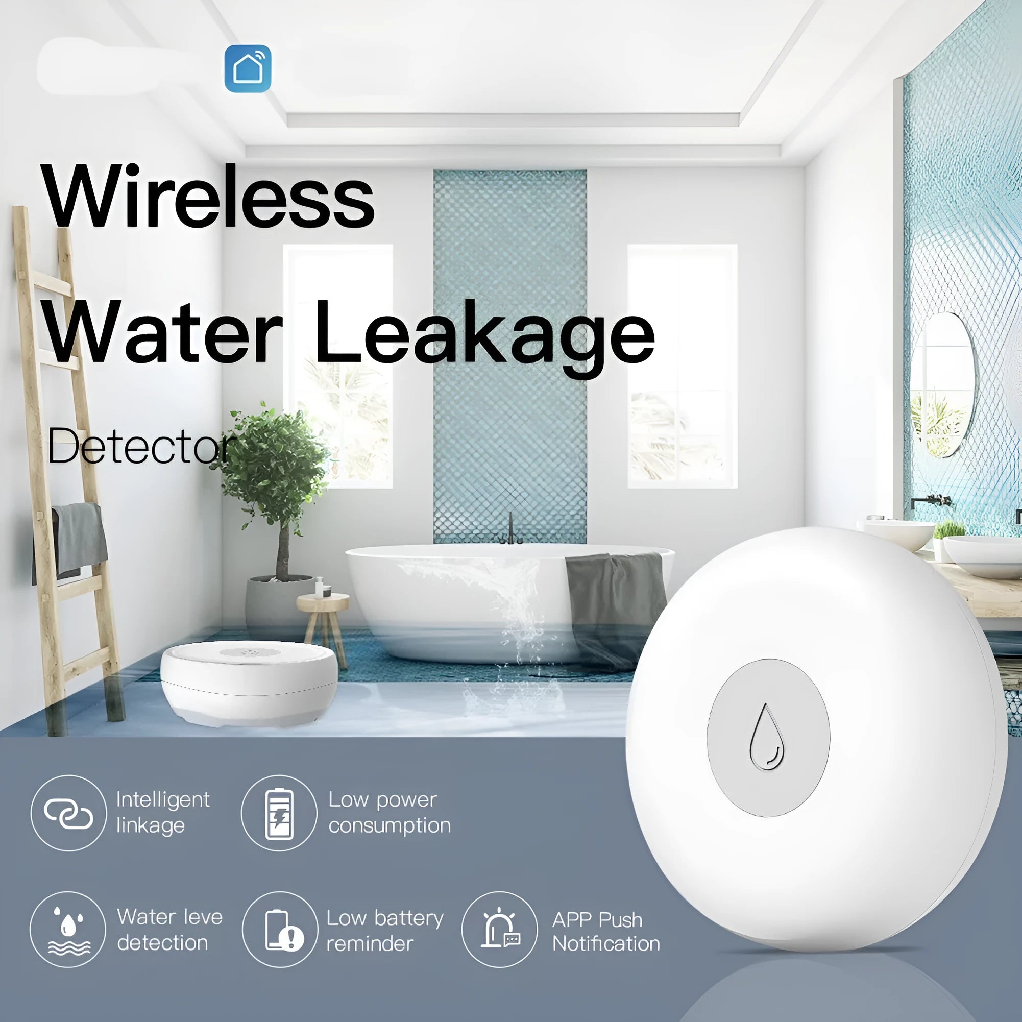 Smart water leak detection alarm with wireless connectivity for phone notifications
