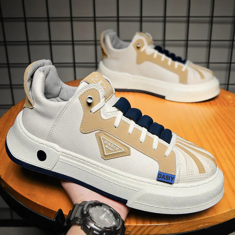 Men's beige casual sneakers with elastic band closure and leather stitching detail