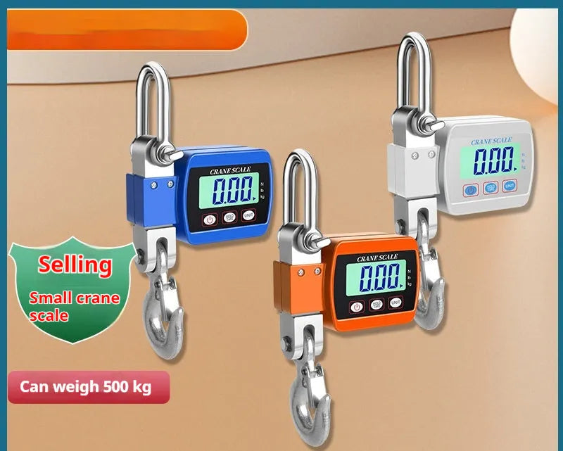 Electronic hook scale with digital display showing weight measurement, available in blue, orange, and white colours