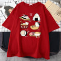 Mens black cotton T-shirt with cute cat sushi cartoon print, loose fit short sleeves