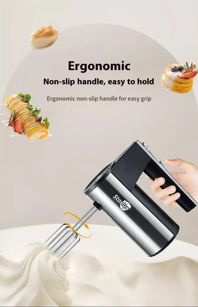 Silver handheld electric kitchen mixer with two metal beaters and 5-speed control dial
