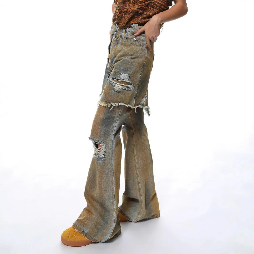 American street style loose hole bootcut pants in picture colour with high waist design