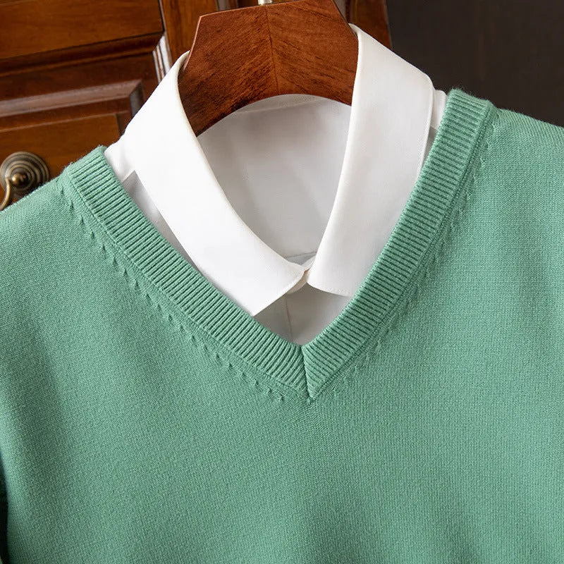 Men's knitted viscose-blend V-neck pullover sweater in light grey with ribbed hem